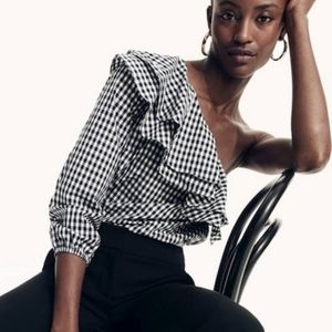 J. Crew navy and white gingham ruffle one shoulder top